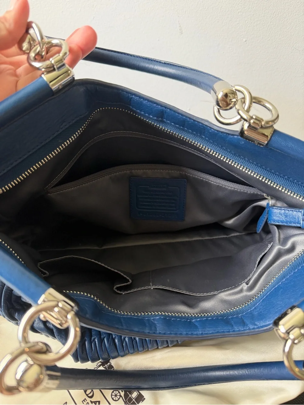 Coach Navy Pleated Leather Satchel with Silver Hardware